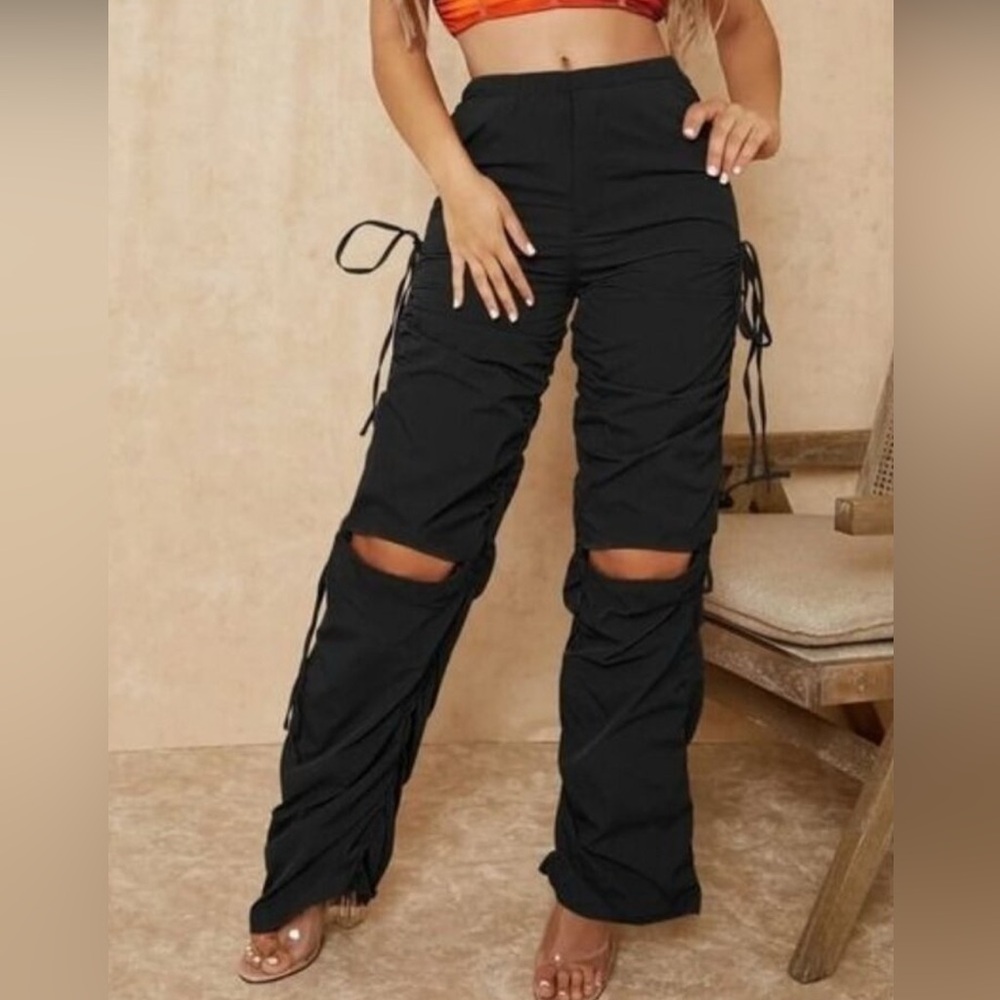 SHEIN Olive Green Drawstring Ruched Cut-Out Knee High-Waisted Pants